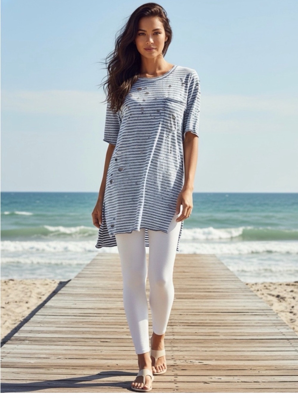 NWT We The Free Striped Short-Sleeve Tunic Top in Blue and White